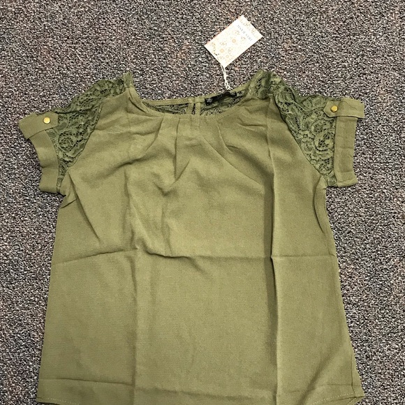 Olive Green Lace Sleeve Top - Picture 1 of 5